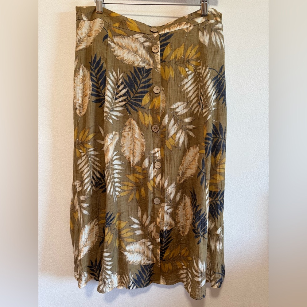 EUC Mlle Gabrielle Olive Leaf Print Lined Midi Skirt size XL